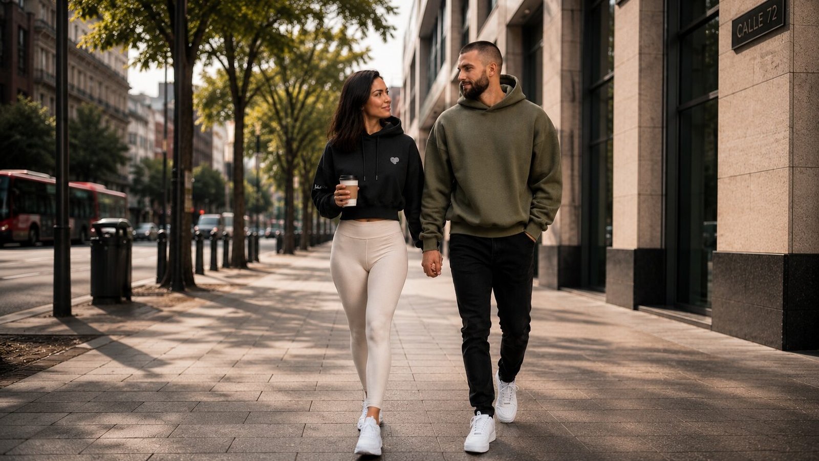 Pareja caminando con hoodies Enamódate